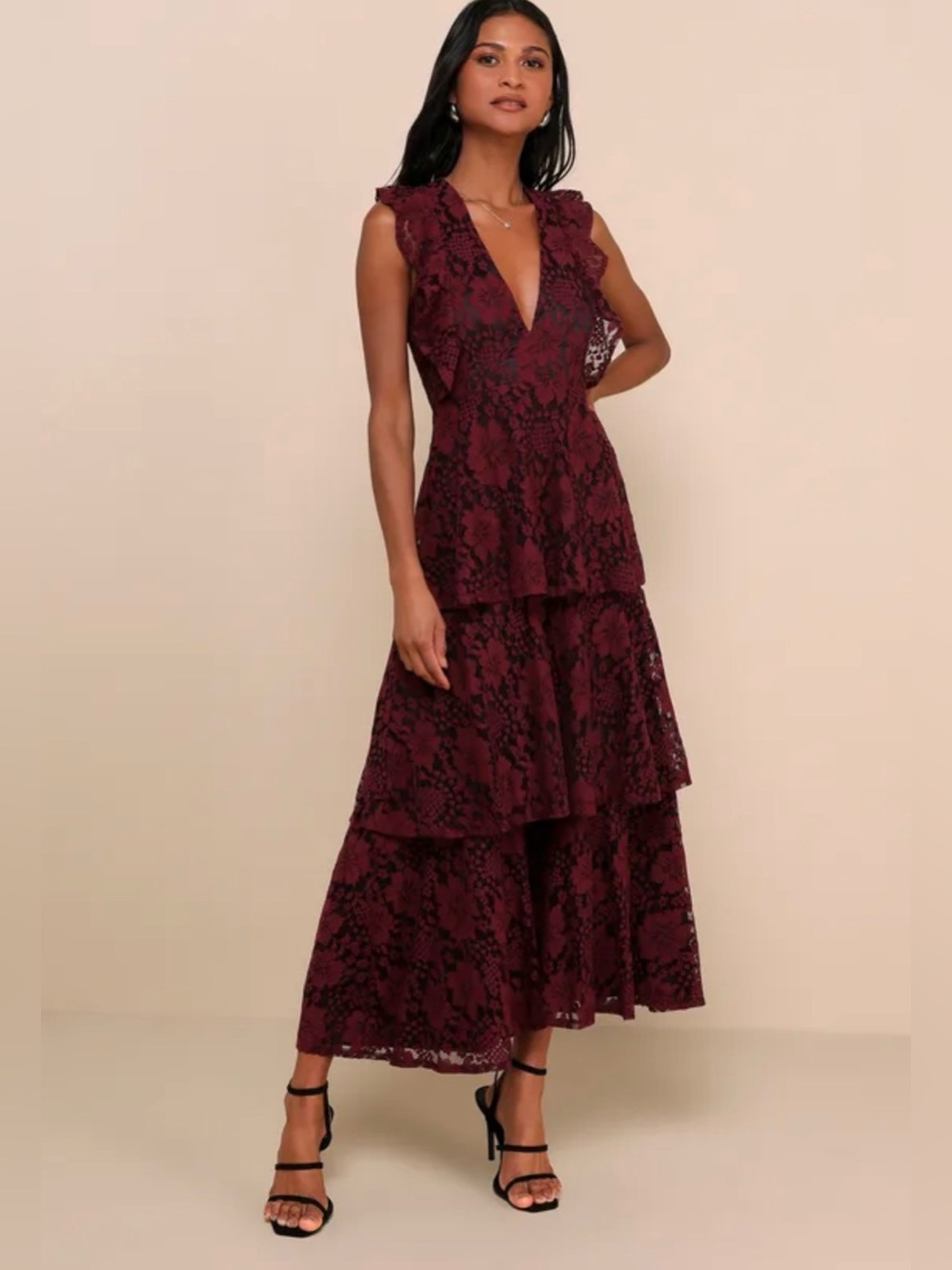 Lulus Molinetto Burgundy Lace Ruffled Tiered Sleeveless Maxi Dress XS